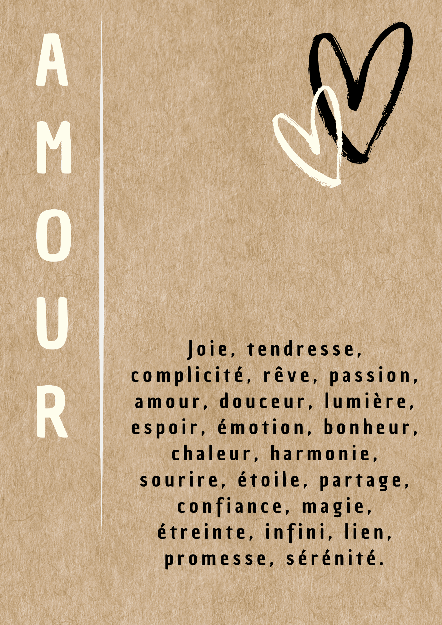 carte sur effet papier avec des mots définissant l'amour