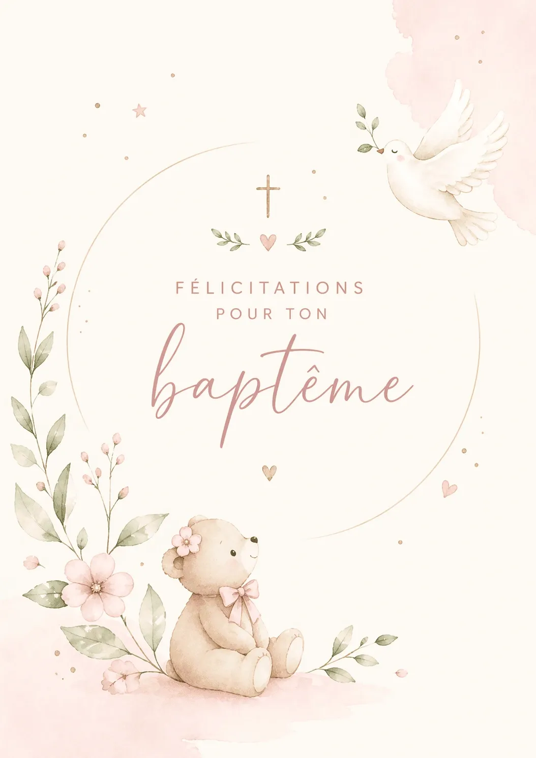 Carte de baptême fille illustration ourson