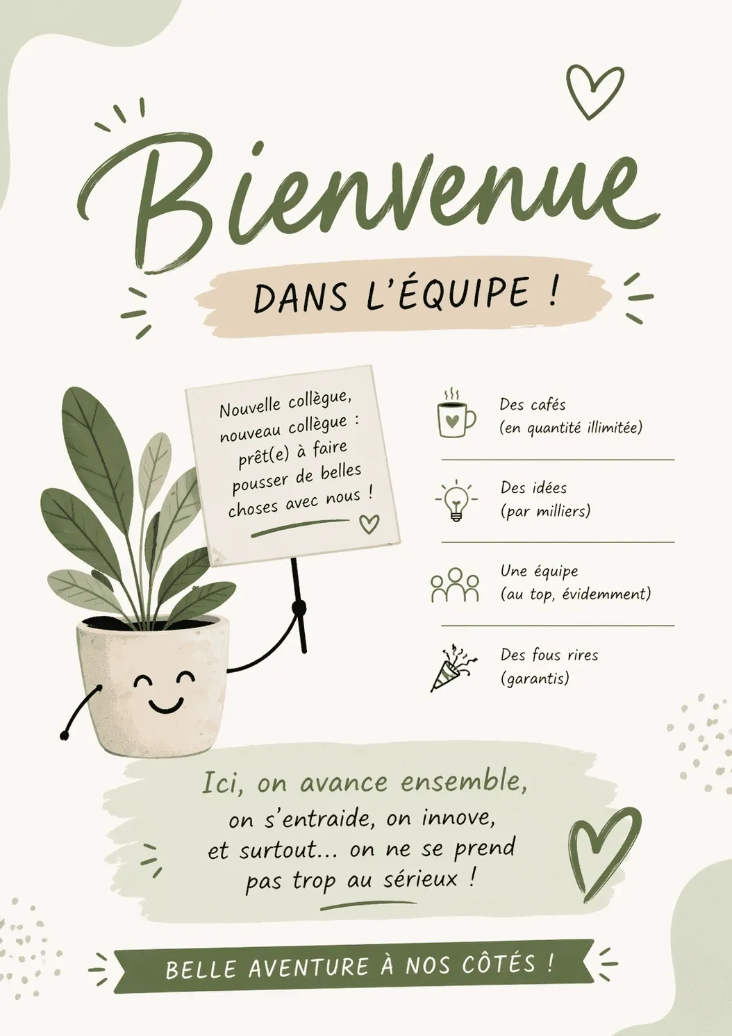 Carte de bienvenue travail équipe humour