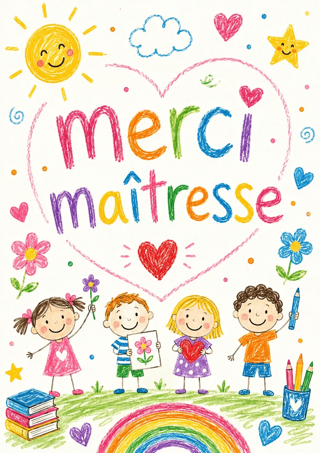 Carte de remerciement maîtresse scolaire dessins