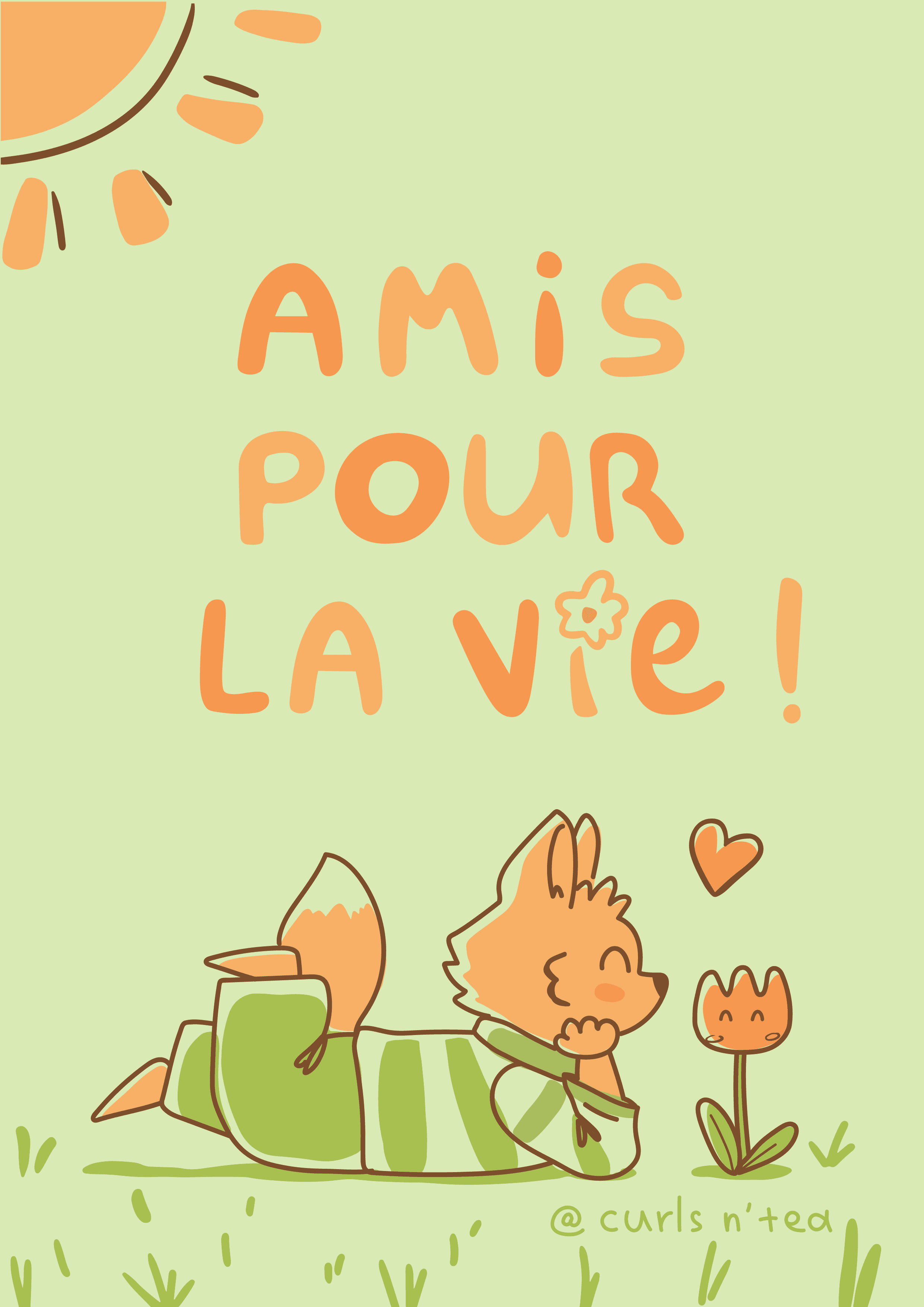carte sur fond vert clair avec un petit renard allongé qui regarde une fleur. Il est écrit amis pour la vie