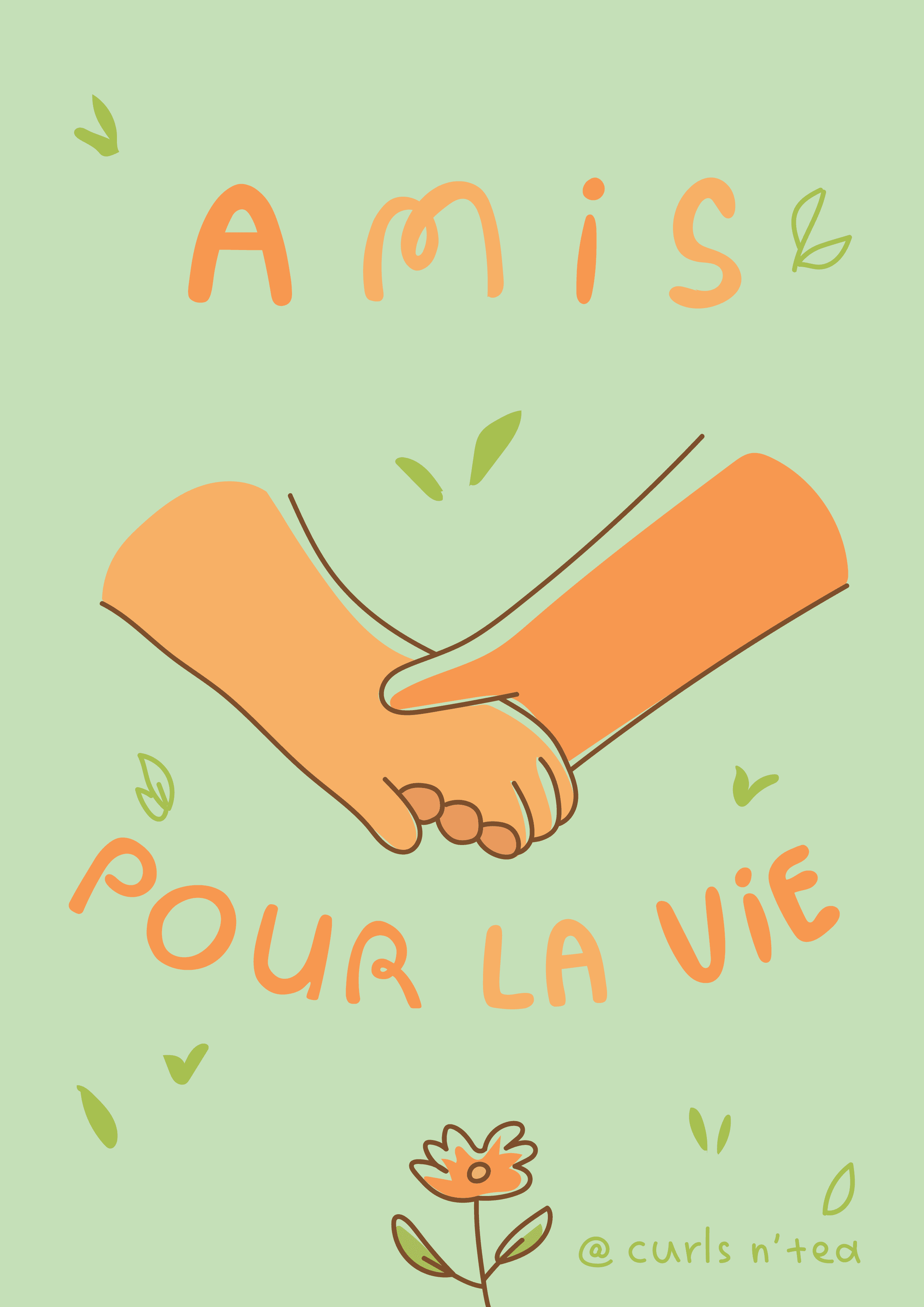 carte sur fond vert clair avec deux mains qui se tiennent. Il est écrit amis pour la vie