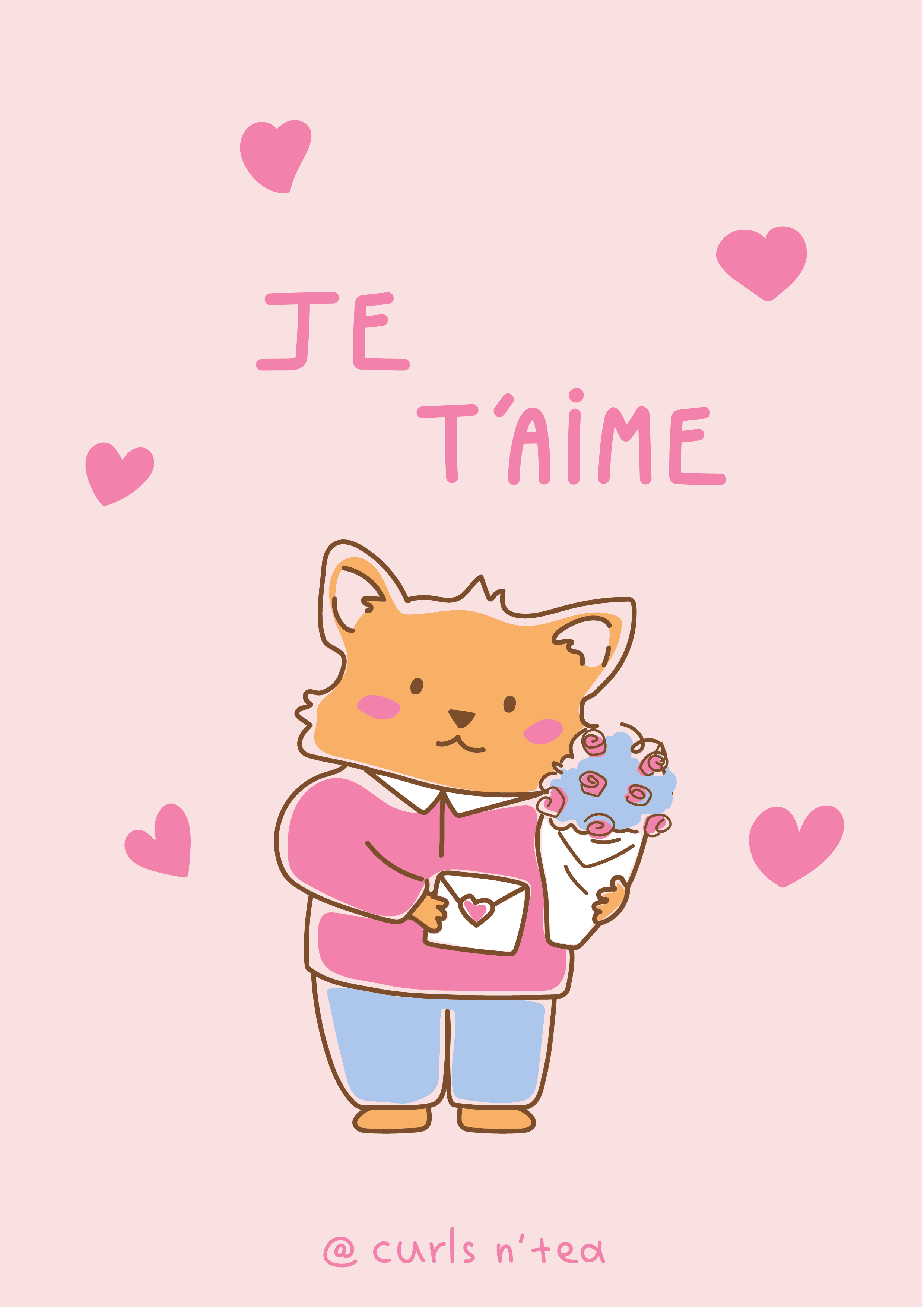 carte rose avec des petits coeurs et un renard qui tient un bouquet de fleur et qui dit je t'aime