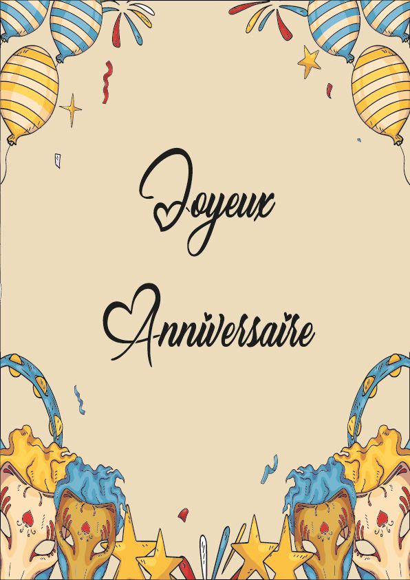 carte sur fond jaune avec des chats illustrés jaune et bleu. Message Joyeux anniversaire