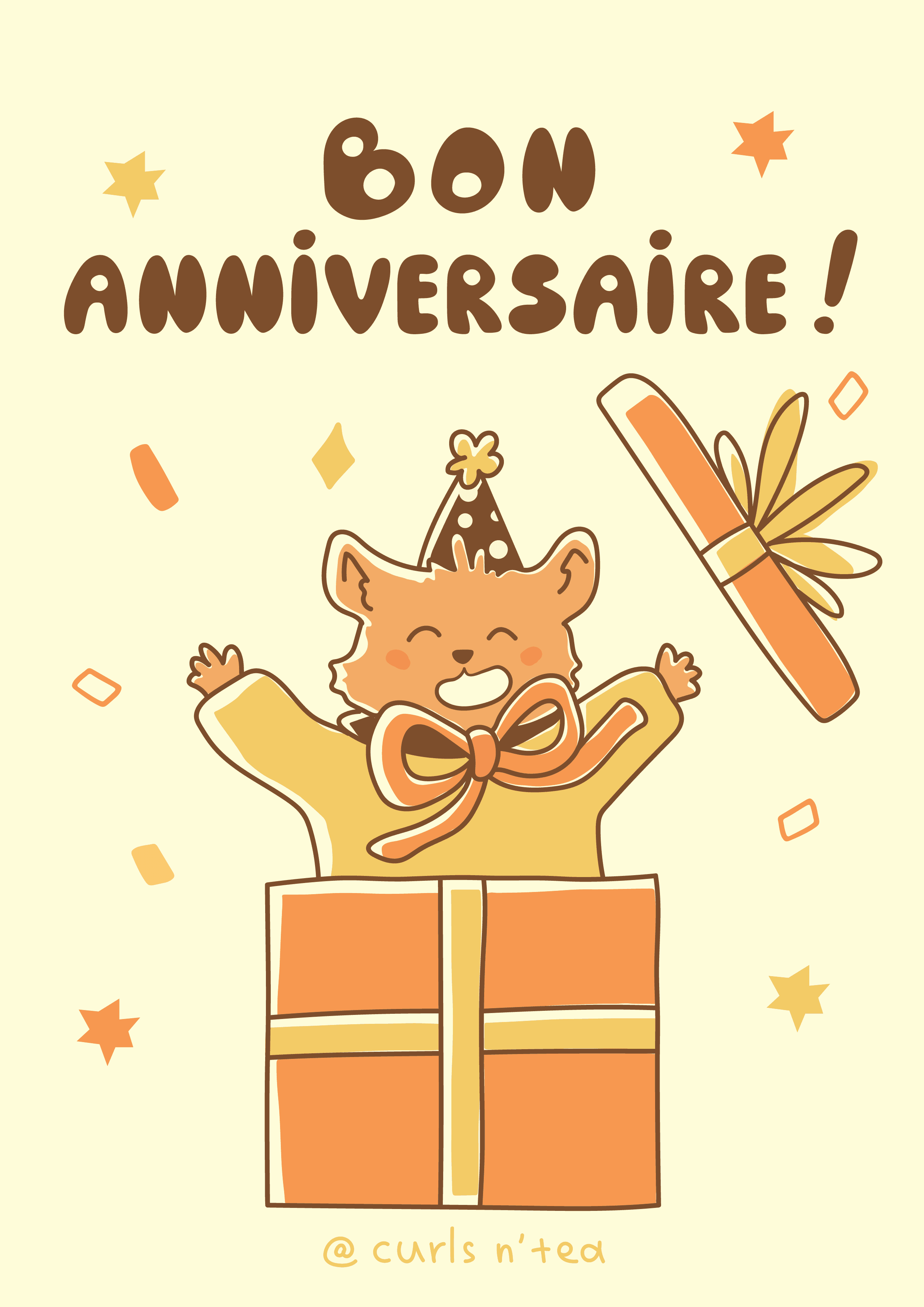 un petit renard joyeux qui sort d'un cadeau avec écrit bon anniversaire 