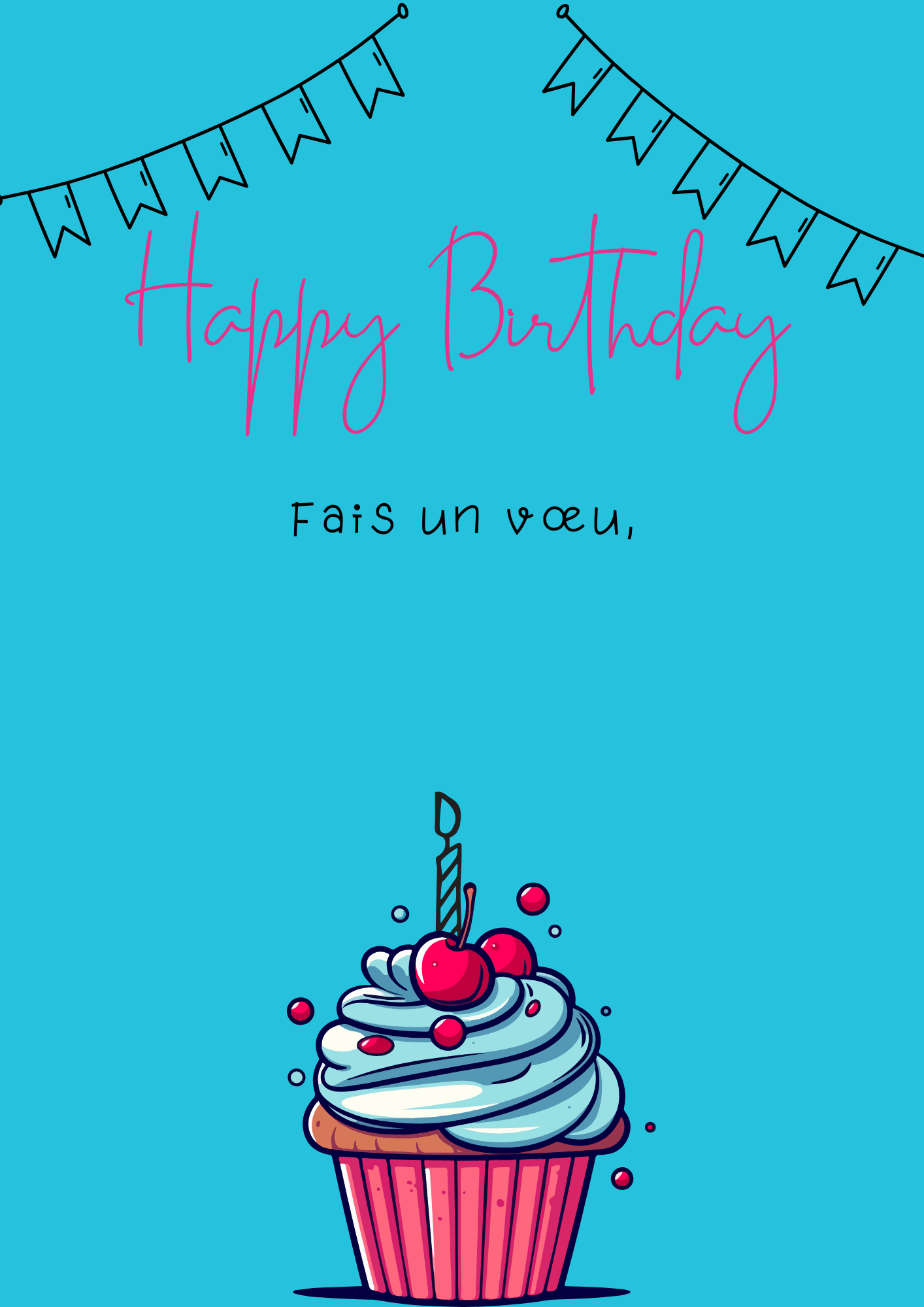 carte sur fond bleu canard avec écrit happy birthday en rose, fais un voeu et un cupcake