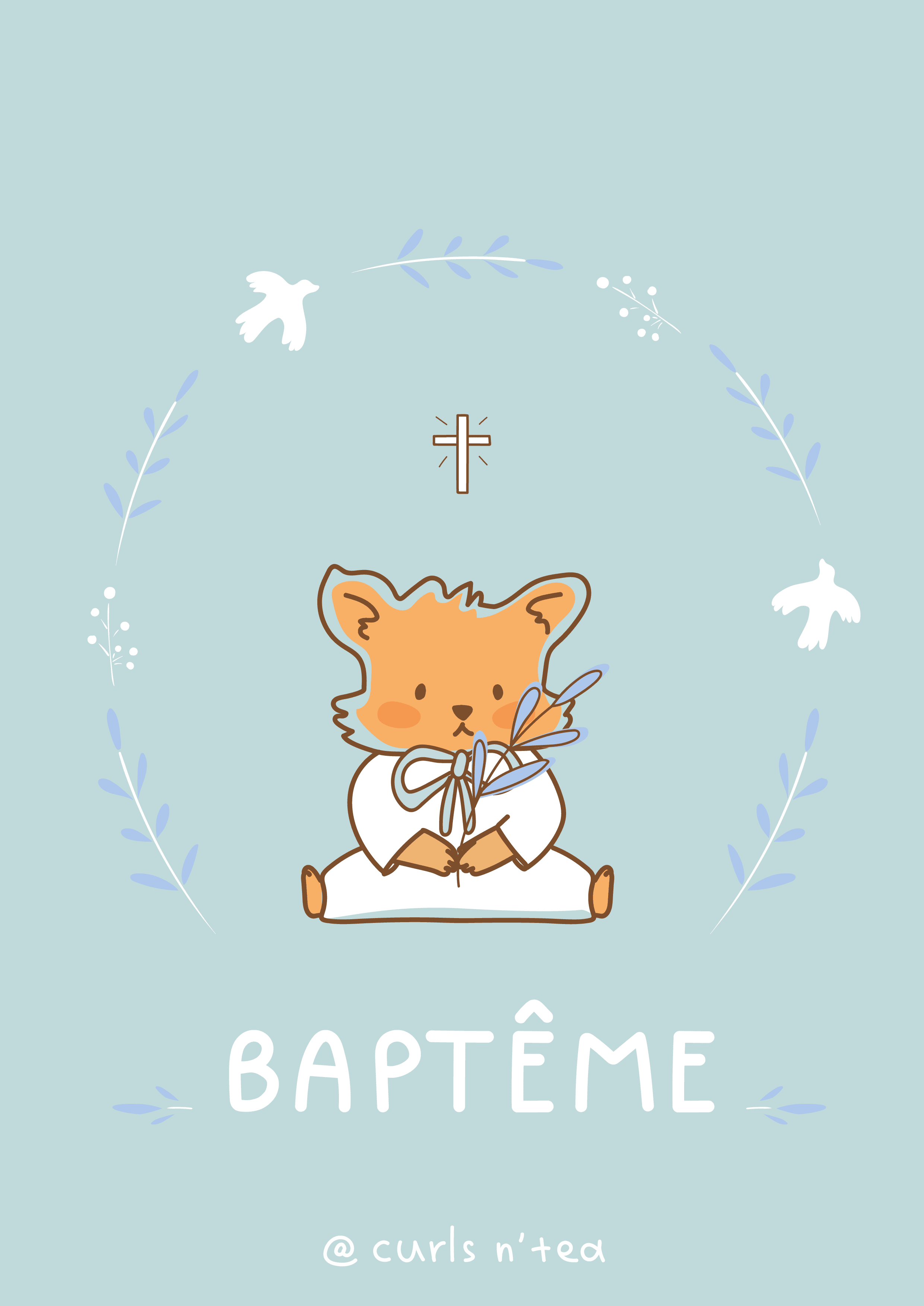 carte sur fond bleu avec un petit renard assis pour son baptême