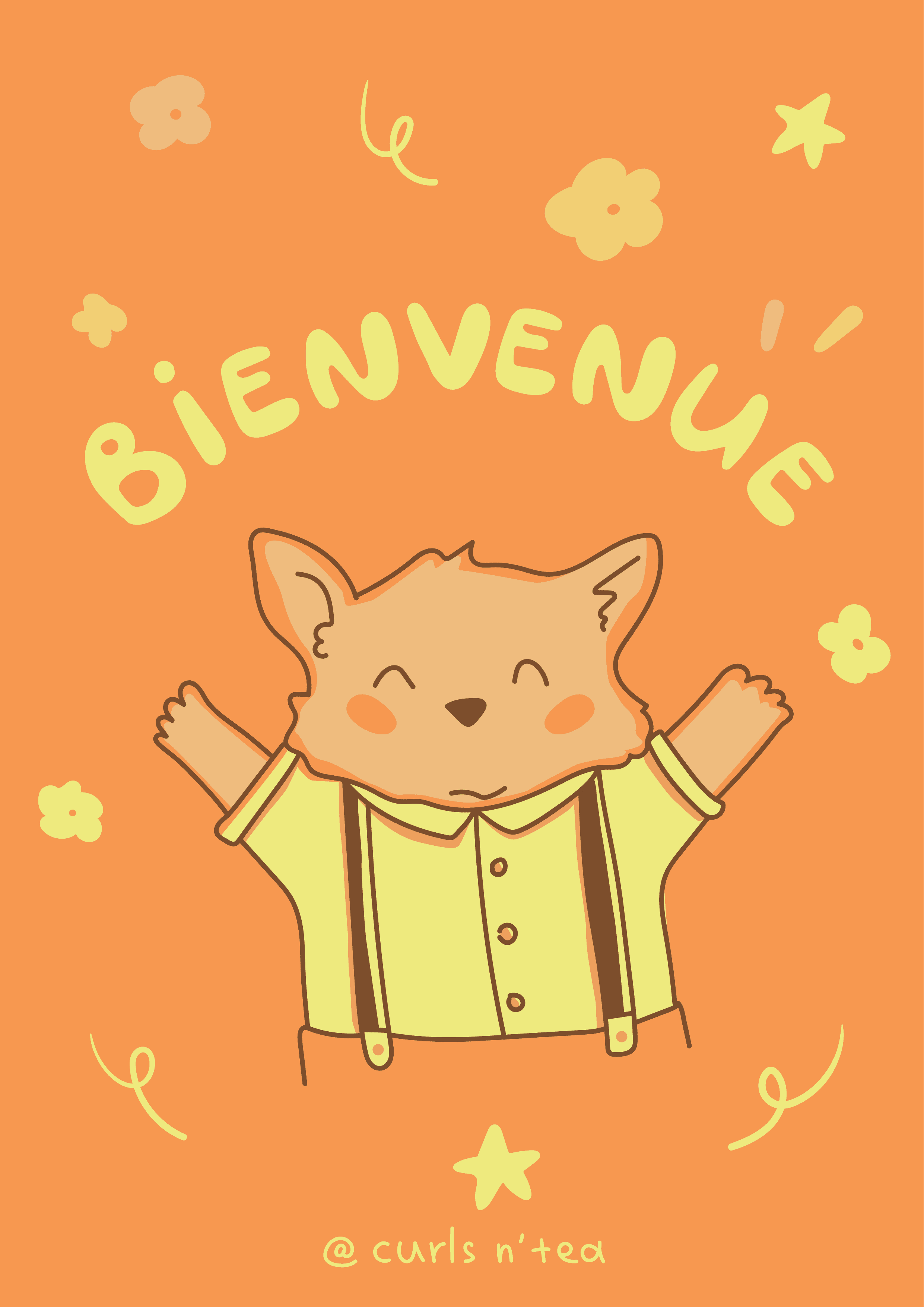 petit renard content qui lève les bras souhaitant la bienvenue