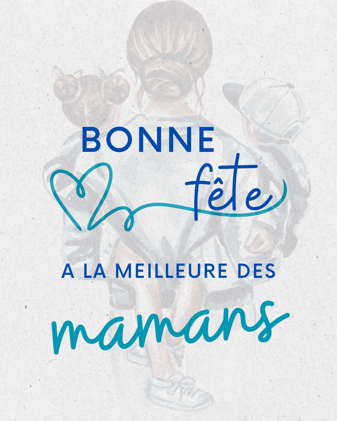 illustration d'une maman de dos avec ses deux enfants qu'elle tient dans ses bras. Bonne fête à la meilleure des mamans