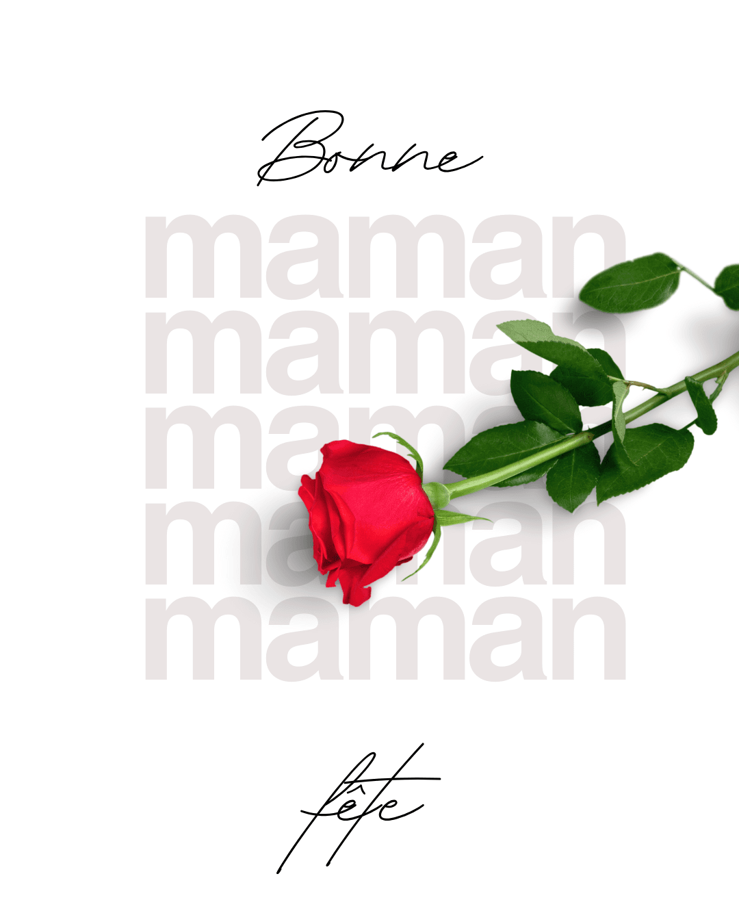 carte avec maman écrit plusieurs fois en gris et une rose rouge