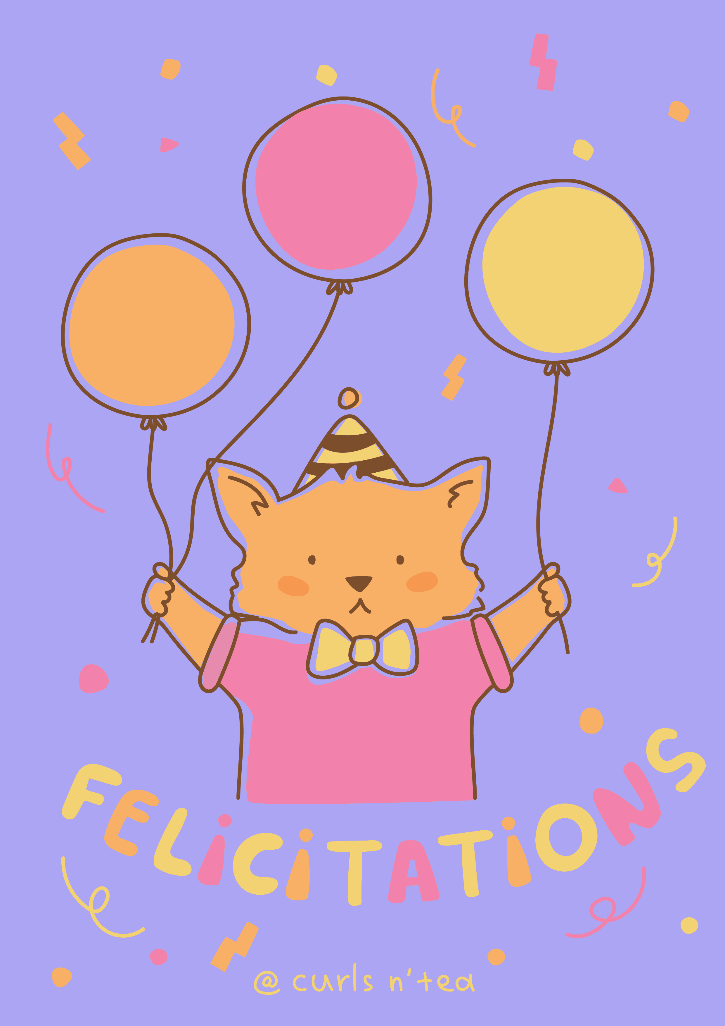 petit renard qui tient des ballons avec un petit chapeau sur la tête avec écrit félicitations