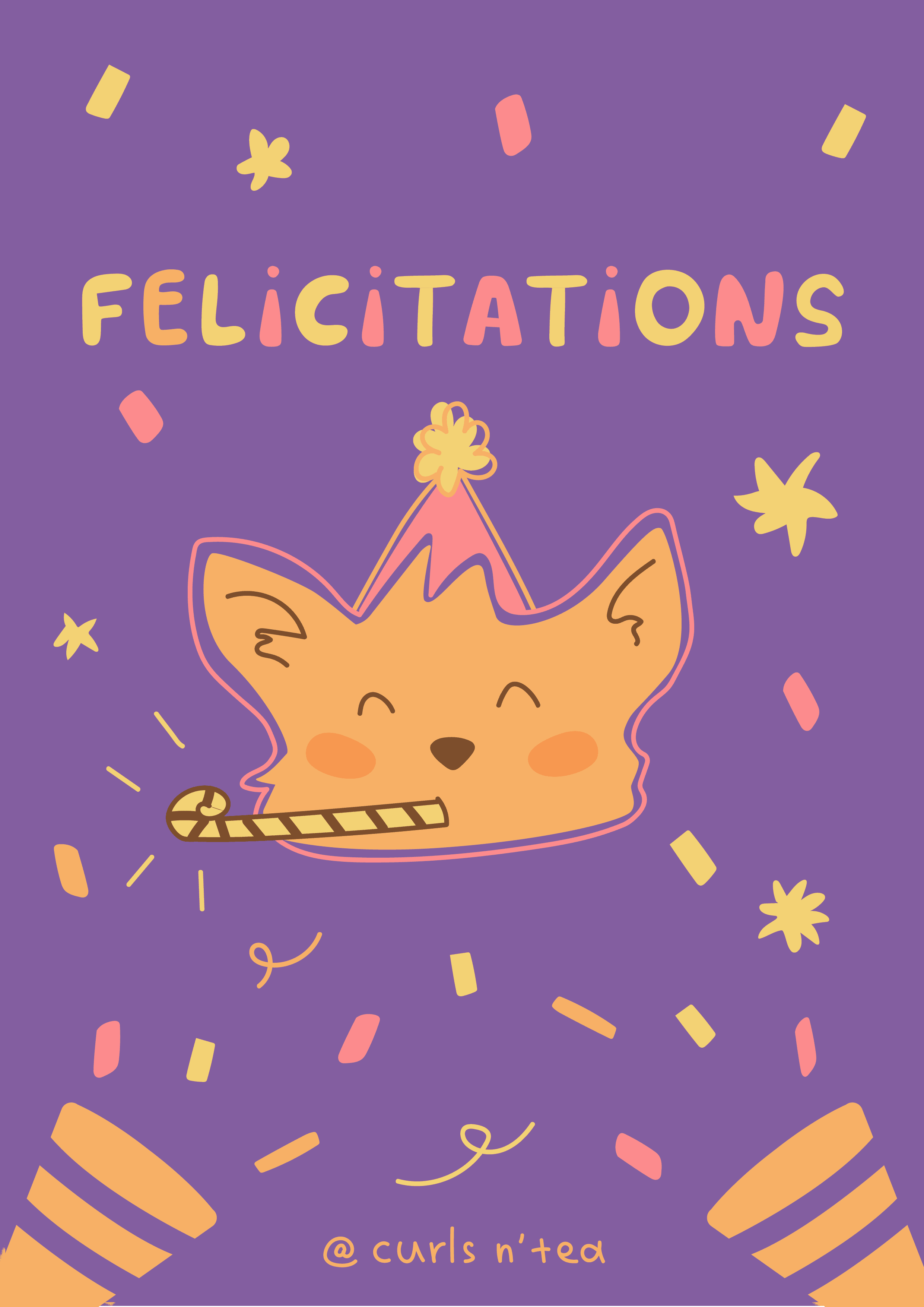 petit renard content avec des confettis et message félicitations