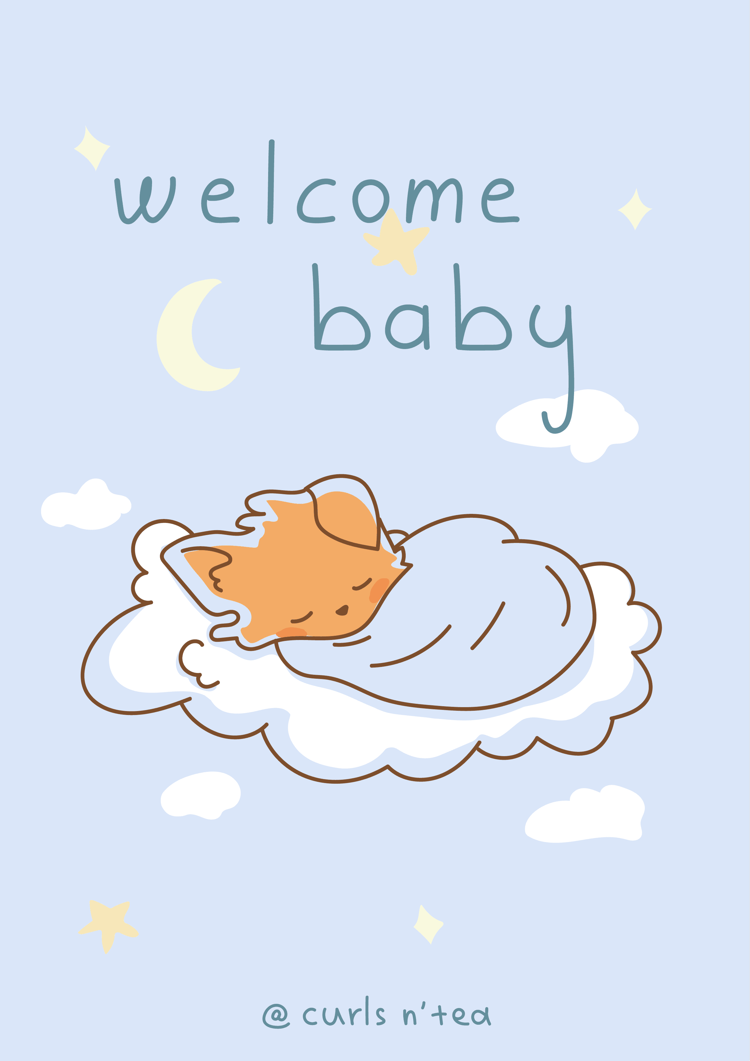 petit renard couché sur un nuage avec message welcome baby. carte sur fond bleu
