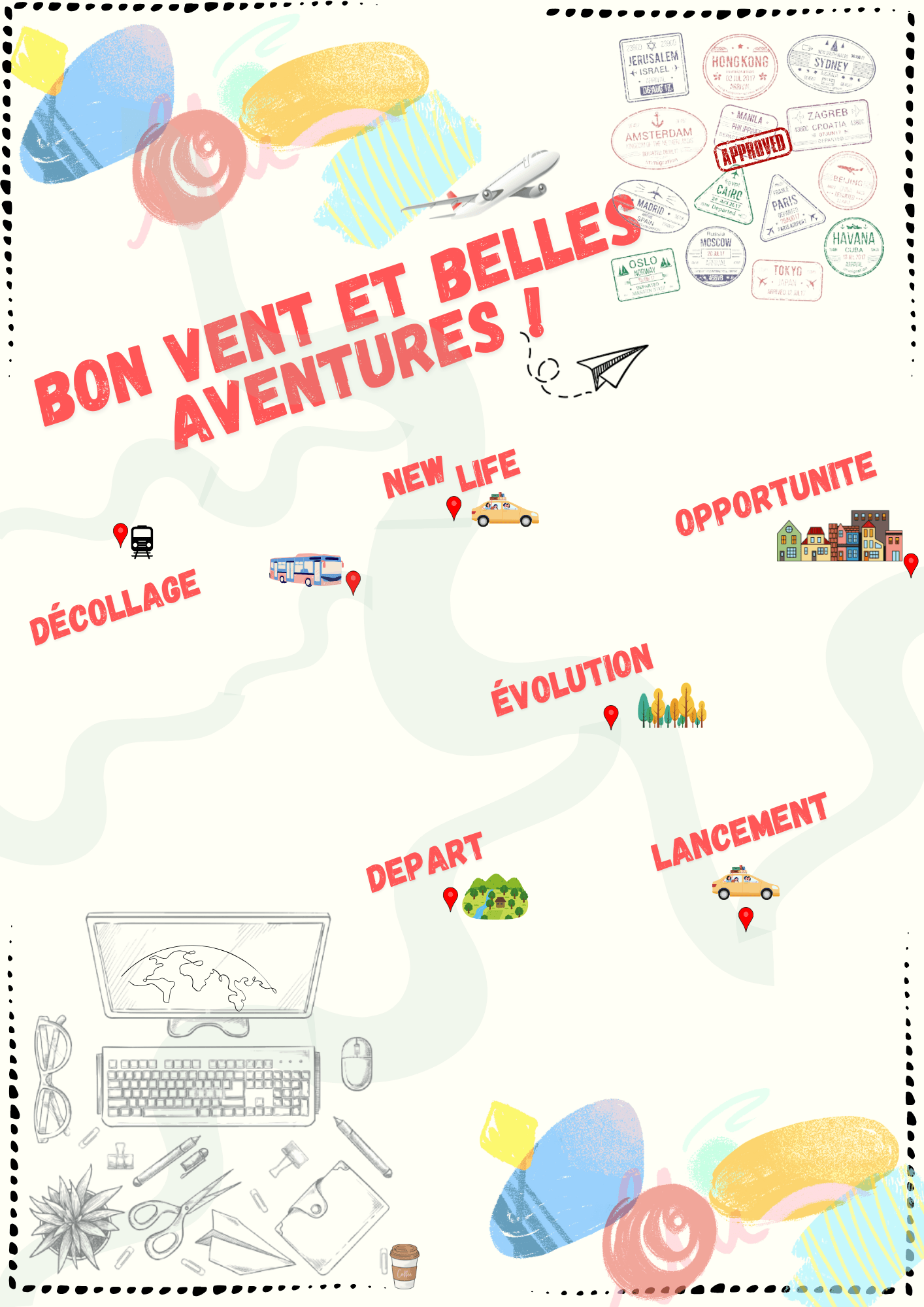 carte pour un pot de départ représentant un parcours vers de nouvelles aventures. illustrations lieu de travail et quelques couches de couleurs 