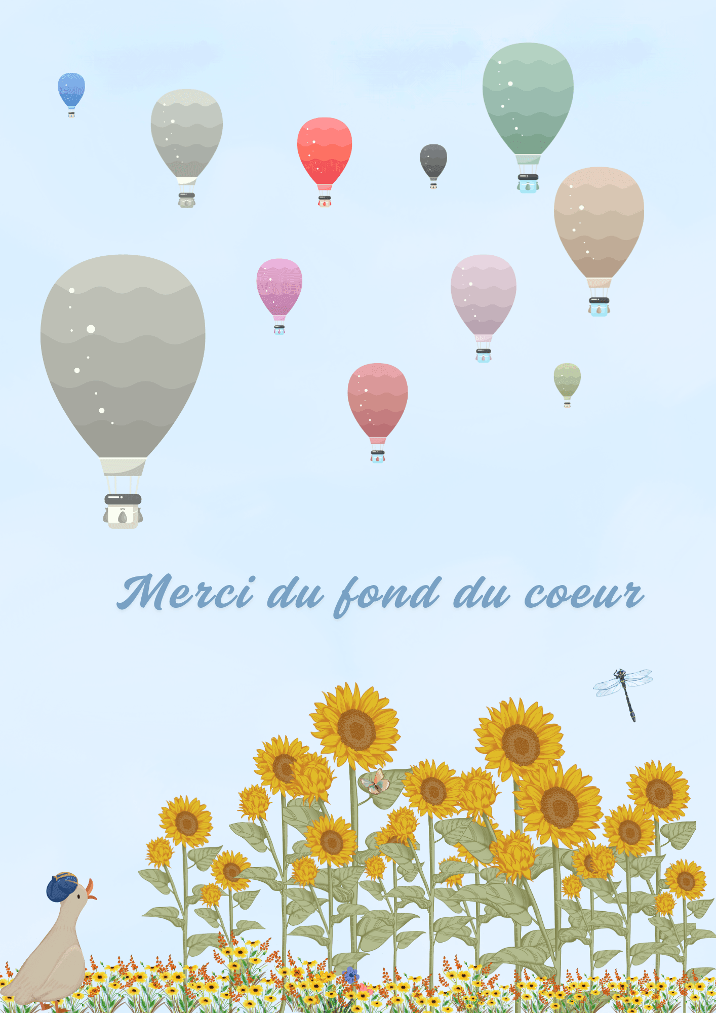 carte de remerciements avec des tournesols des montgolfières  et message "merci du fond du coeur"