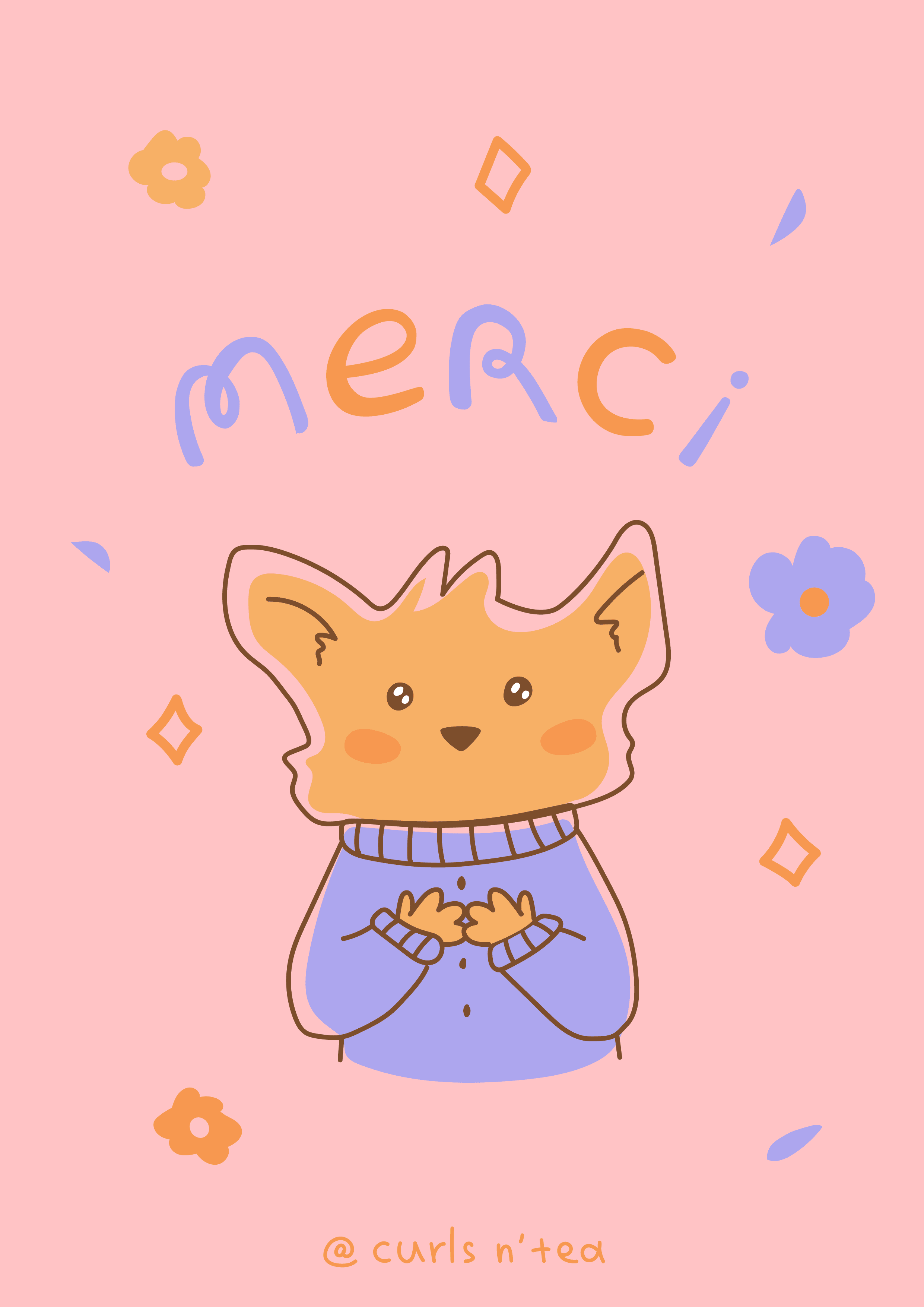 carte de voeux fond rose avec un petit renard qui dit merci 