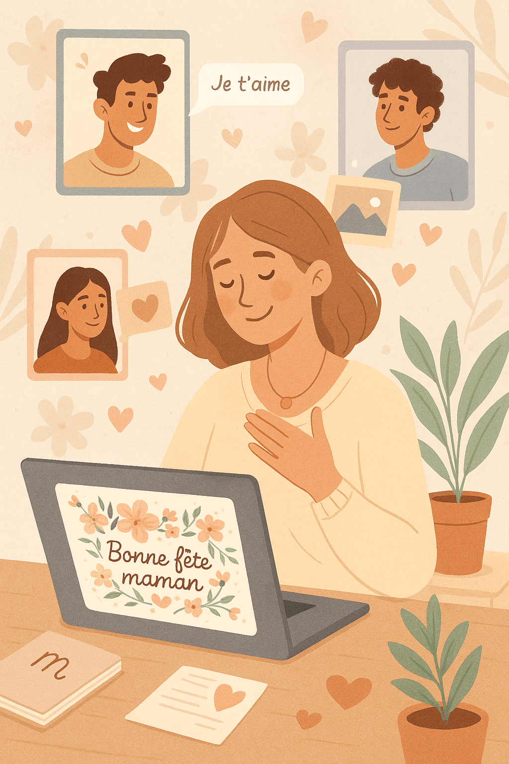 illustration maman recevant des messages d'amour de plusieurs personnes par mail